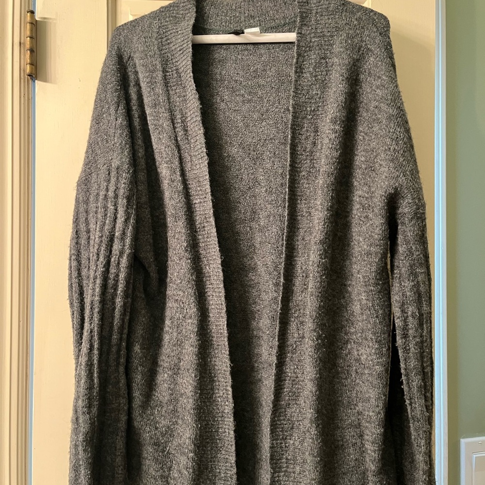 Gray Open Front Knit Cardigan Sweater